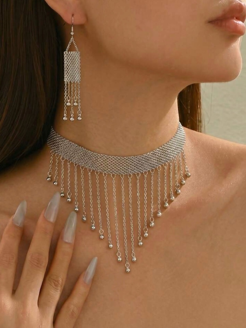 Silver Fringe Choker Necklace with Matching Earrings - Women's Jewelry - Picture 1 of 4